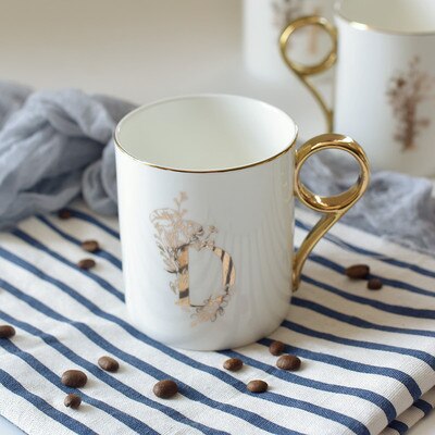 OUSSIRRO Gold Handle Couple Cup Bone china Coffee Mug Creative Letter Wedding Birthday Gift