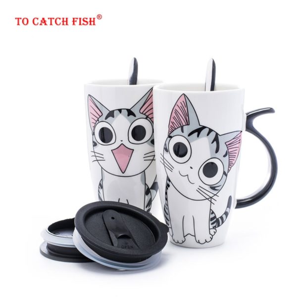 600ml Creative Cat Ceramic Mug With Lid and Spoon Cartoon Milk Coffee Tea Cup Porcelain Mugs Nice Gift