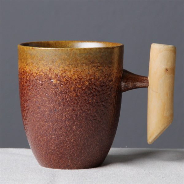 Japanese-style Vintage Ceramic Coffee Mug Tumbler Rust Glaze Tea Milk Beer Mug with Wood Handle Water Cup Home Office Drinkware