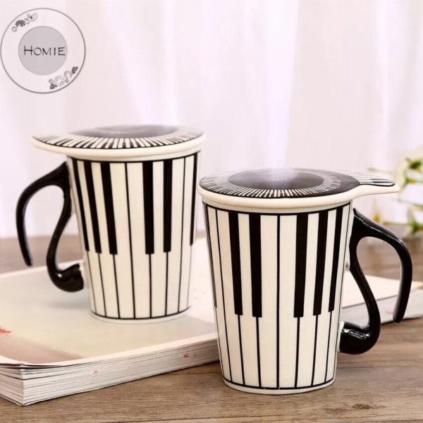 HOMIE Creative Ceramic Mug with Cup lid Coffee Cup Piano Musical Note Coffee Mugs Tea Cup Porcelain Travel Cup For Milk Mug