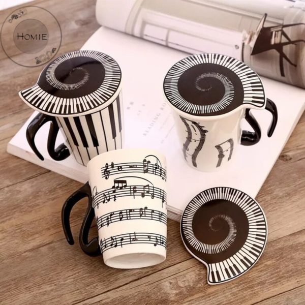 HOMIE Creative Ceramic Mug with Cup lid Coffee Cup Piano Musical Note Coffee Mugs Tea Cup Porcelain Travel Cup For Milk Mug