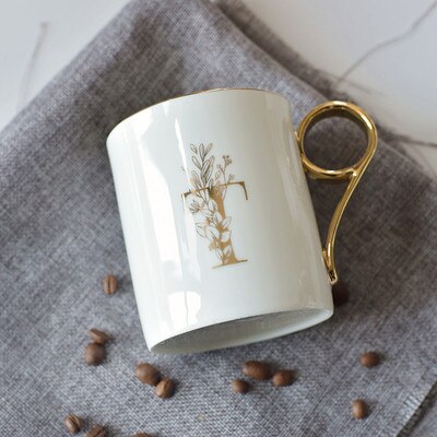 OUSSIRRO Gold Handle Couple Cup Bone china Coffee Mug Creative Letter Wedding Birthday Gift